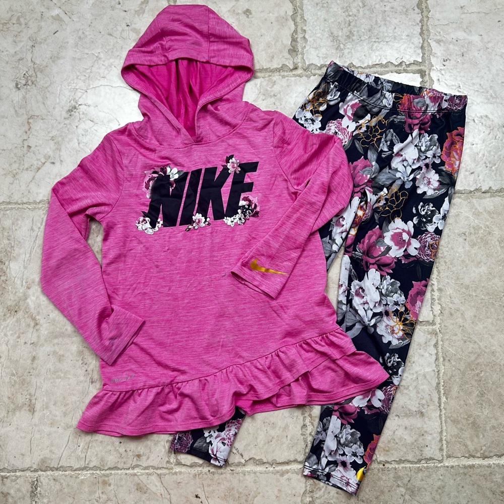 Nike Dri-FIT Hooded Peplum T-Shirt & Leggings 2 Piece Set Girls Size 6 x Floral